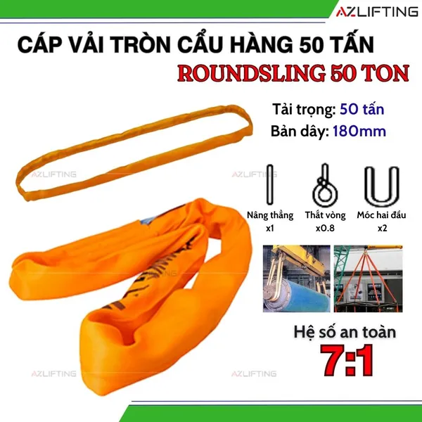 Cáp vải cẩu hàng bản tròn 50 tấn may vòng tròn (Endless) hệ số 7:1