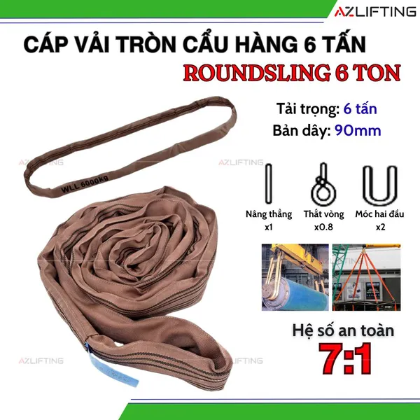 Cáp vải cẩu hàng bản tròn 6 tấn may vòng tròn (Endless) hệ số 7:1