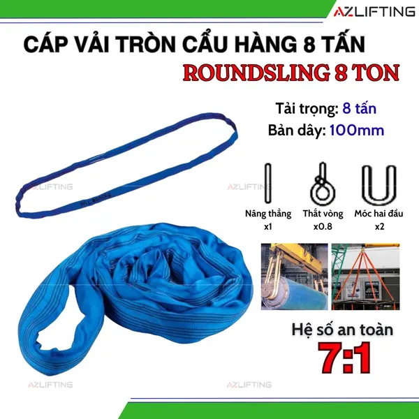 Cáp vải cẩu hàng bản tròn 8 tấn may vòng tròn (Endless) hệ số 7:1
