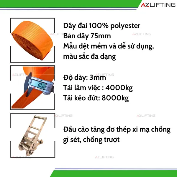 Dây chằng hàng tăng đơ bản 75mm 8 tấn không móc (Endless) 