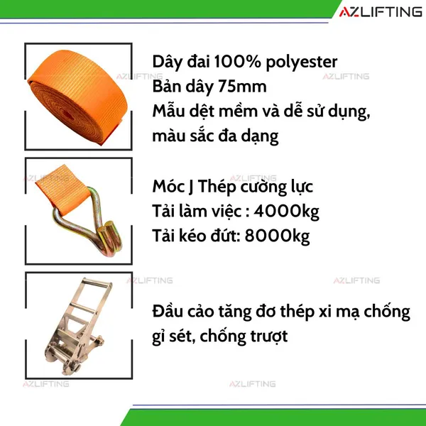 Dây chằng hàng tăng đơ bản 75mm 8 tấn móc J