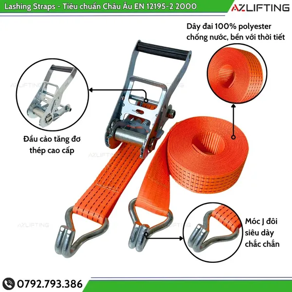 Dây Chằng Hàng Tăng Đơ Bản 50mm 3 Tấn Móc J