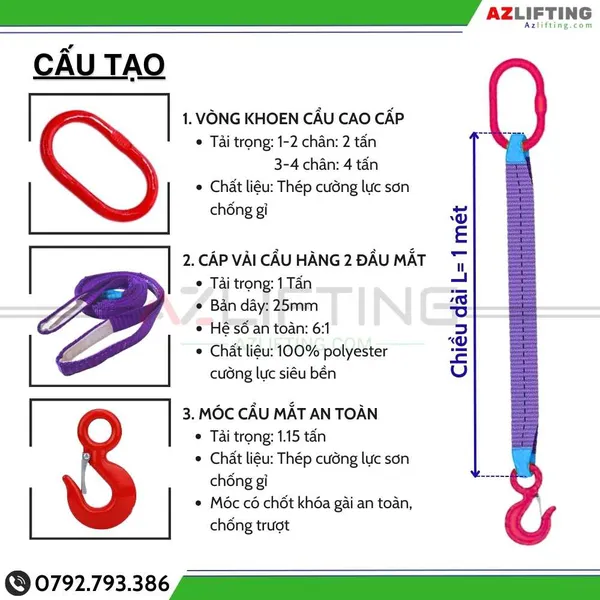 Cáp vải cẩu hàng 1 tấn 1 chân, 2 chân, 3 chân, 4 chân, sling cáp vải cẩu nâng hàng hóa tàu thuyền, container an toàn