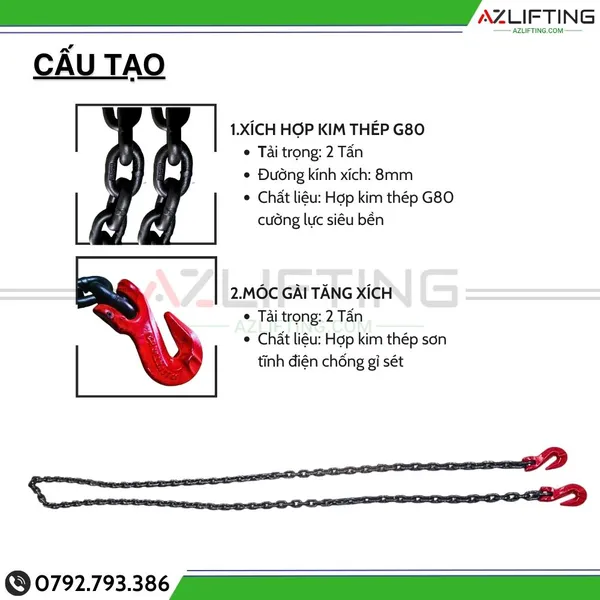 Xích cẩu hàng 6mm 8mm 10mm gắn 2 móc tải 1-3 tấn dài 1m, 2m, 3m 