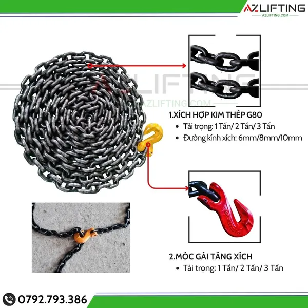 Xích cẩu hàng 6mm 8mm 10mm gắn 1 móc tải 1-3 tấn dài 1m, 2m, 3m