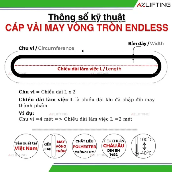 Cáp vải cẩu hàng bản tròn 3 tấn may vòng tròn (Endless) hệ số 7:1