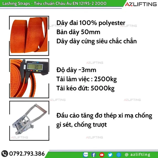 Dây chằng hàng tăng đơ bản 50mm 5 Tấn Móc J - Dây dày cứng