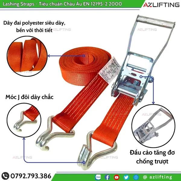 Dây chằng hàng tăng đơ bản 50mm 5 Tấn Móc J - Dây dày cứng