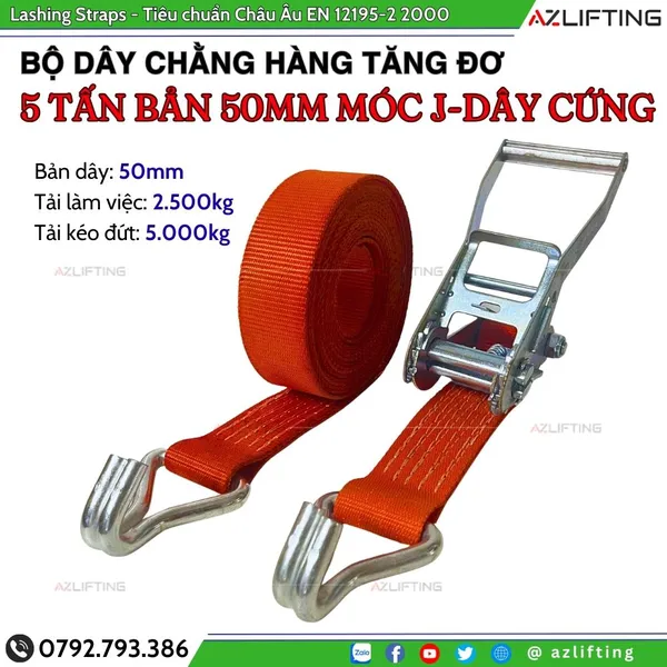 Dây chằng hàng tăng đơ bản 50mm 5 Tấn Móc J - Dây dày cứng