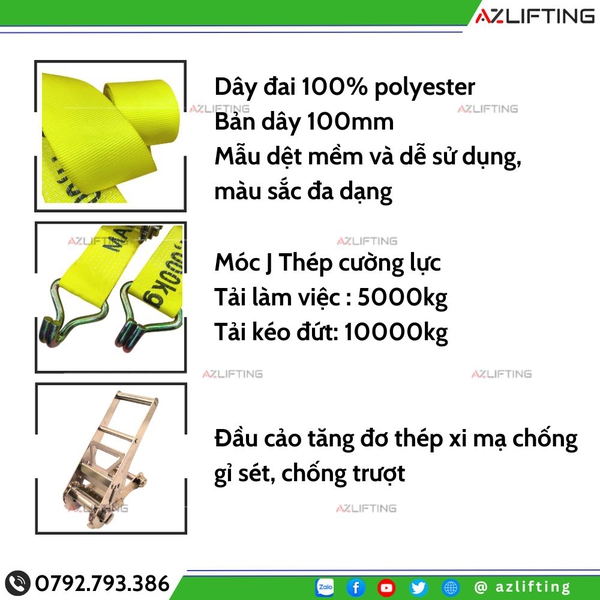 Dây Chằng Hàng Tăng Đơ Bản 100mm 10 Tấn Móc J Hàn Quốc