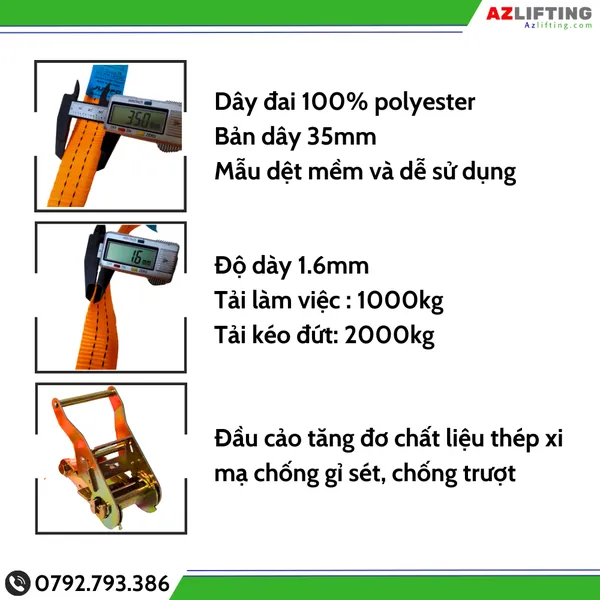 Dây chằng hàng tăng đơ 2 tấn bản 35mm không móc