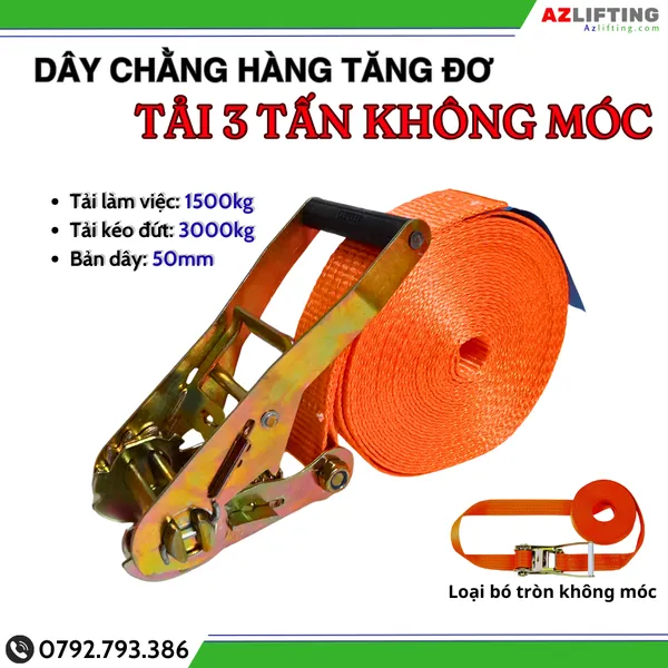 Dây chằng hàng tăng đơ bản 50mm tải 3 tấn không móc - Dây chằng hàng tăng đơ tải 3000kg