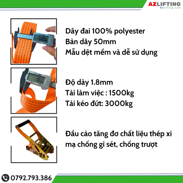 Dây chằng hàng tăng đơ bản 50mm tải 3 tấn không móc - Dây chằng hàng tăng đơ tải 3000kg