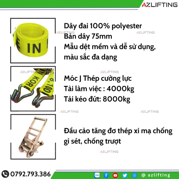 Dây Chằng Hàng Tăng Đơ Bản 75mm 8 Tấn Móc J Hàn Quốc