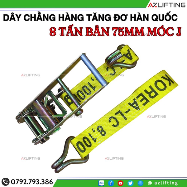 Dây Chằng Hàng Tăng Đơ Bản 75mm 8 Tấn Móc J Hàn Quốc