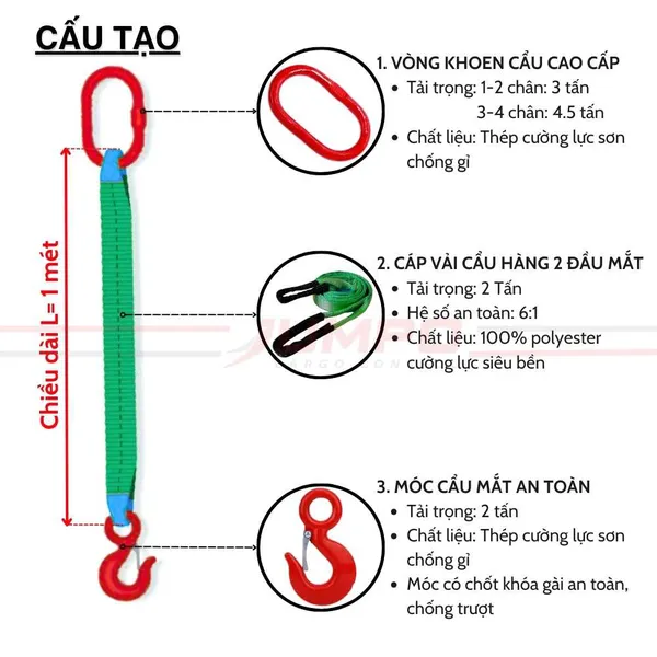 Sling Cáp vải cẩu hàng đơn - cáp vải cẩu hàng 1 chân có khoen móc