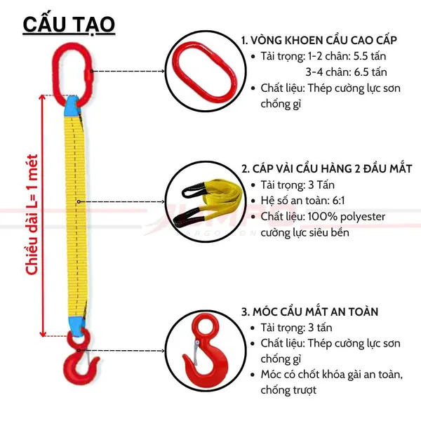 Cáp vải cẩu hàng 3 tấn 1 chân, 2 chân, 3 chân, 4 chân, sling cáp vải cẩu nâng hàng hóa tàu thuyền, container an toàn