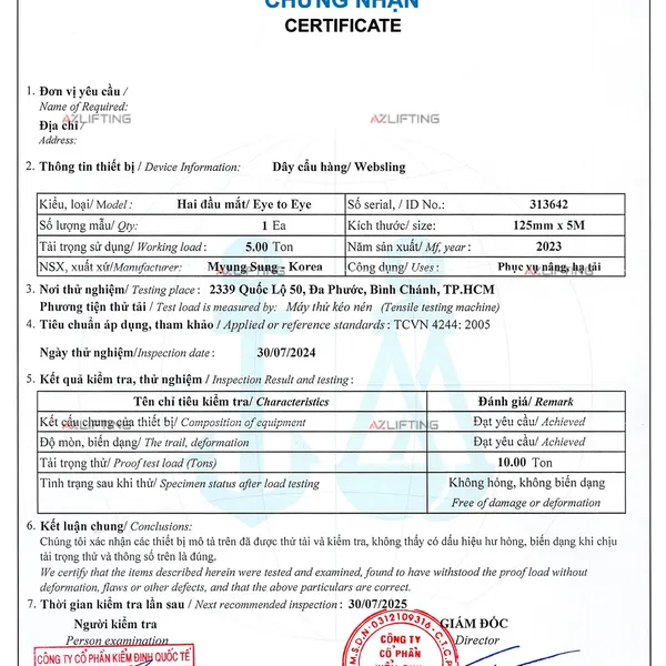 Dây cáp vải cẩu hàng bản dẹt Myung Sung Hàn Quốc 1-80 Tấn - CO/CQ