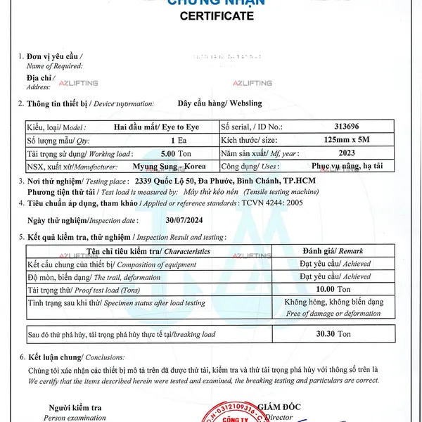 Dây cáp vải cẩu hàng bản dẹt Myung Sung Hàn Quốc 1-80 Tấn - CO/CQ