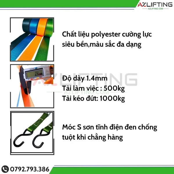 Dây chằng hàng tăng đơ bản 25mm tải 800kg Móc S Sơn Đen