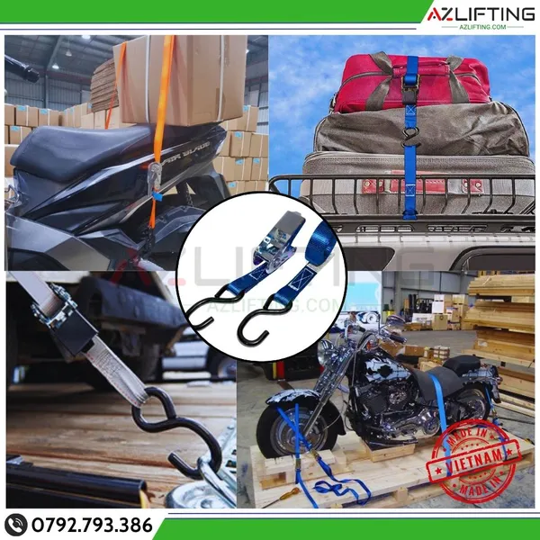 Dây chằng hàng tăng đơ bản 25mm tải 800kg Móc S Sơn Đen