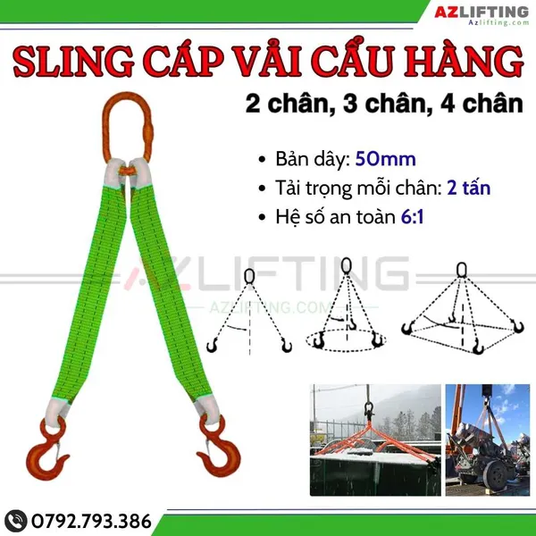 Cáp vải cẩu hàng 2 tấn 1 chân, 2 chân, 3 chân, 4 chân, sling cáp vải cẩu nâng hàng hóa tàu thuyền, container an toàn 
