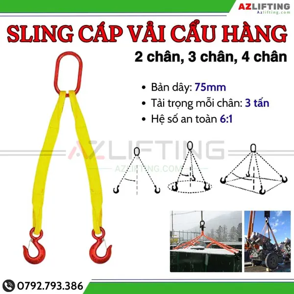 Cáp vải cẩu hàng 3 tấn 1 chân, 2 chân, 3 chân, 4 chân, sling cáp vải cẩu nâng hàng hóa tàu thuyền, container an toàn