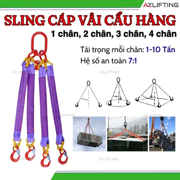 Bộ sling cáp vải cẩu hàng bản tròn 1 chân, 2 chân, 3 chân, 4 chân