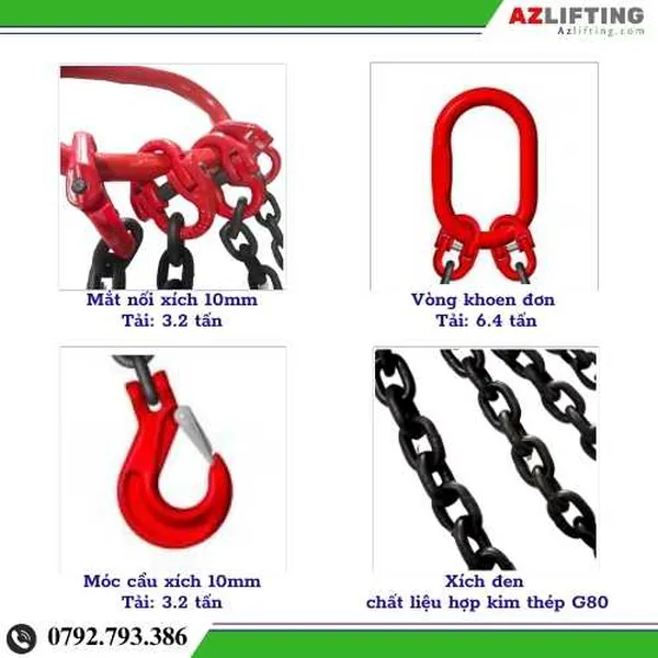 Bộ sling cẩu xích 10mm - sling xích 1 chân, 2 chân, 3 chân, 4 chân