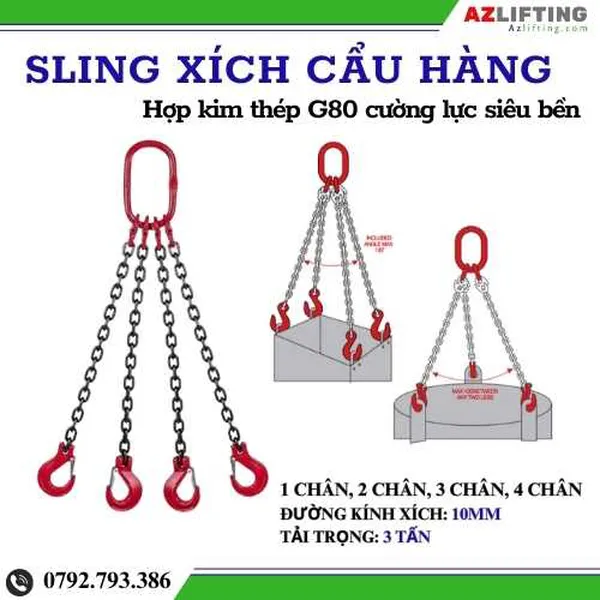 Bộ sling cẩu xích 10mm - sling xích 1 chân, 2 chân, 3 chân, 4 chân