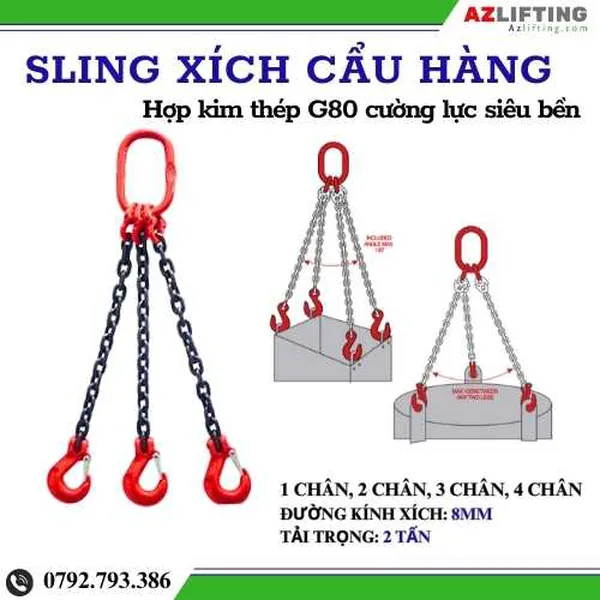 Bộ sling cẩu xích 8mm - sling xích 1 chân, 2 chân, 3 chân, 4 chân