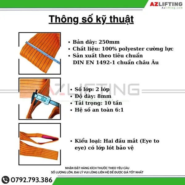 Cáp vải cẩu hàng bản dẹt 10 tấn 2 đầu mắt 6:1 – Webbing Sling