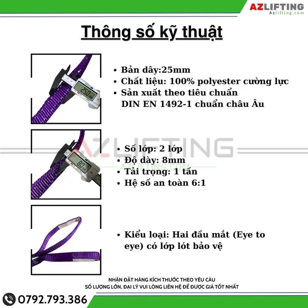 Cáp vải cẩu hàng bản dẹt 1 tấn 2 đầu mắt 6:1 – Webbing Sling