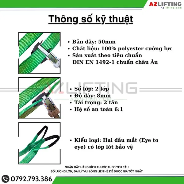 Cáp vải cẩu hàng bản dẹt 2 tấn 2 đầu mắt 6:1 – Webbing Sling