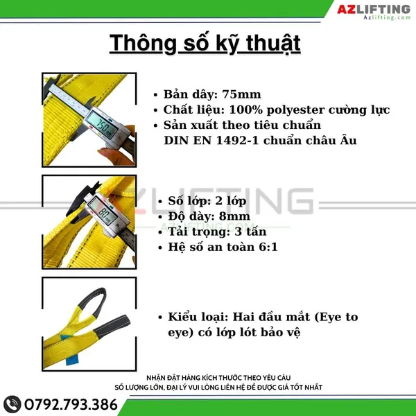 Cáp vải cẩu hàng bản dẹt 3 tấn 2 đầu mắt 6:1 – Webbing Sling 