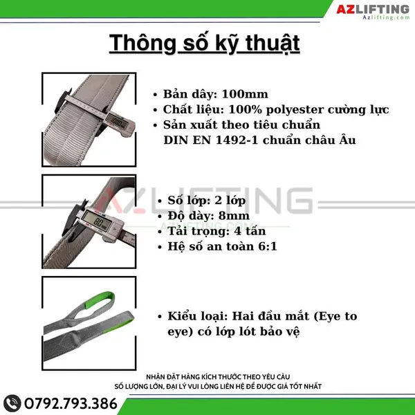 Cáp vải cẩu hàng bản dẹt 4 tấn 2 đầu mắt 6:1 - Webbing Sling
