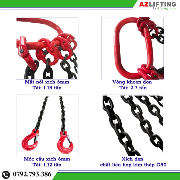 Bộ sling cẩu xích 6mm - sling xích 1 chân, 2 chân, 3 chân, 4 chân