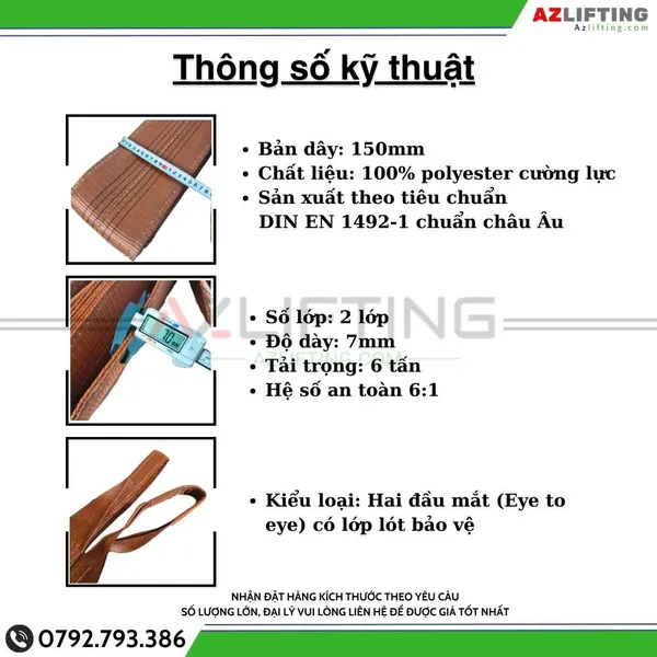 Cáp vải cẩu hàng bản dẹt 6 tấn 2 đầu mắt 6:1 – Webbing Sling