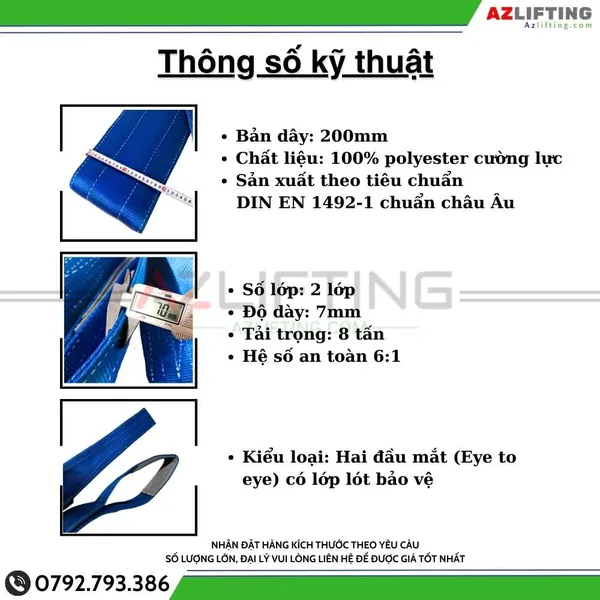 Cáp vải cẩu hàng bản dẹt 8 tấn 2 đầu mắt 6:1 – Webbing Sling