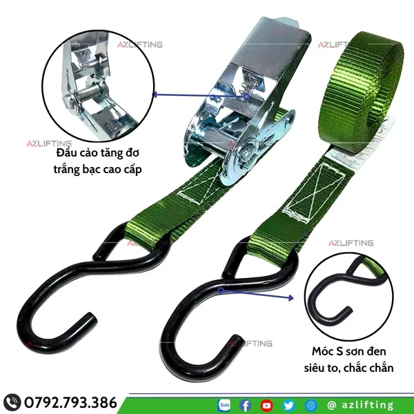 Dây chằng hàng tăng đơ bản 25mm tải 800kg Móc S Sơn Đen