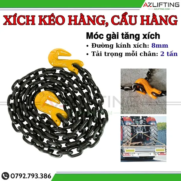 Xích cẩu hàng 6mm 8mm 10mm gắn 2 móc tải 1-3 tấn dài 1m, 2m, 3m 
