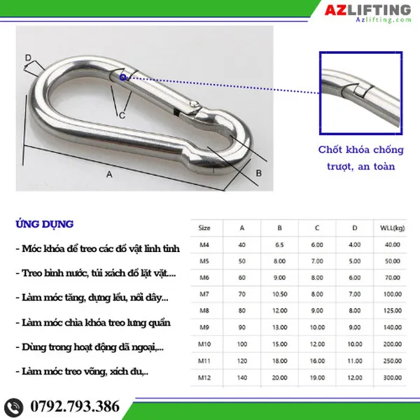 Móc khóa an toàn thép xi mạ 6-12cm