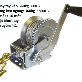 Tời quay tay 800lbs tải trọng kéo 320 Kg Có Cáp Móc 10 Mét