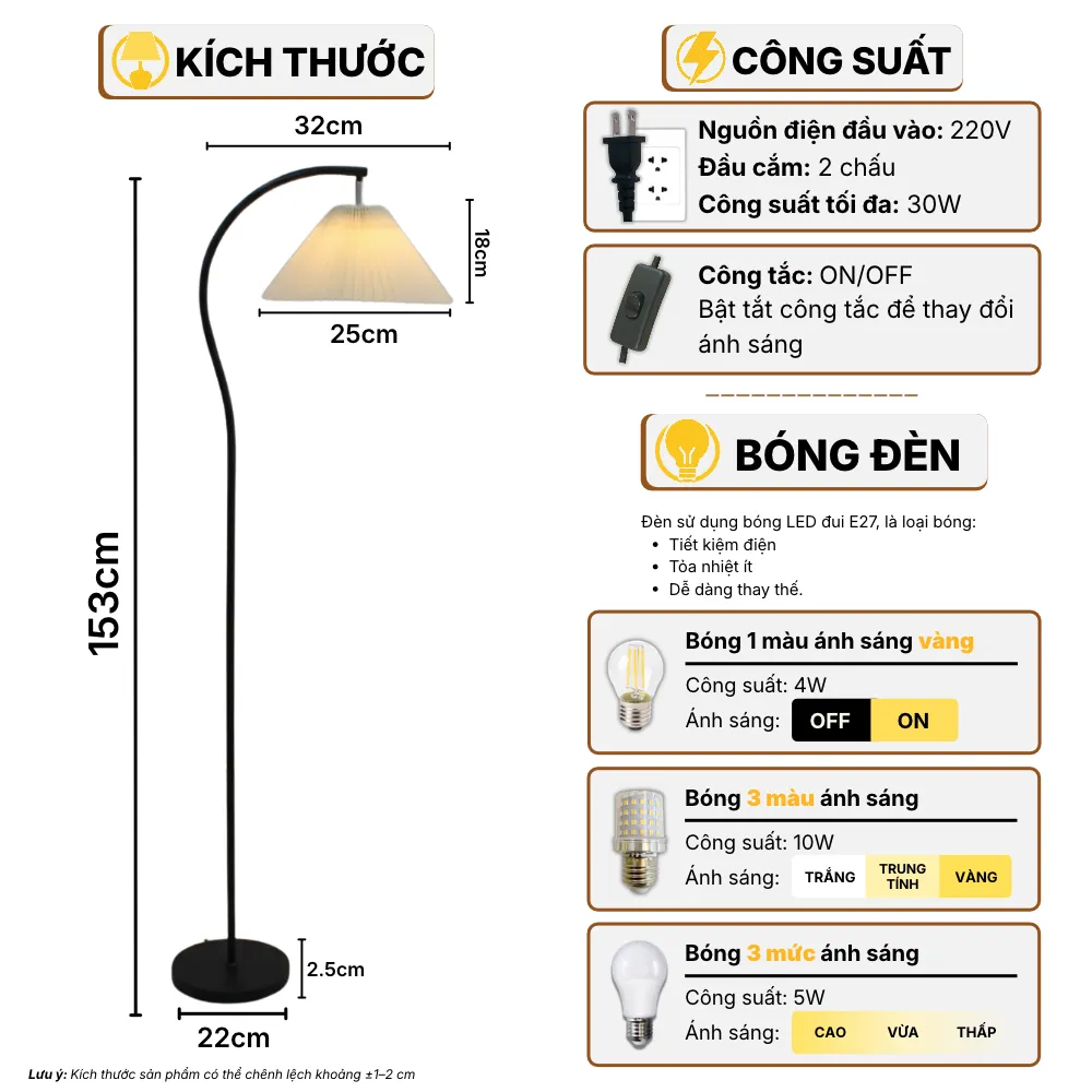 Thông Số Kĩ Thuật Đèn Cây Đứng Decor HUTA Light For Life KC6 Thân Kim Loại Cong, 3 Màu Ánh Sáng, Bảo Hành 24 Tháng
