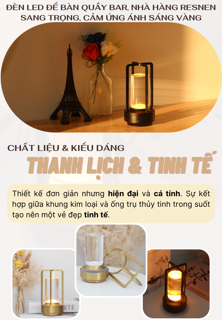 Đèn bàn LED quầy bar, nhà hàng RESNEN pin sạc tích điện hiện đại