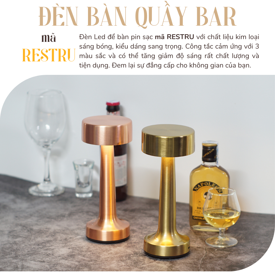 Đèn Bàn Led Quầy Bar, Quán Bar, Bàn Ăn Nhà Hàng, Quán Cà Phê, Cảm Ứng, Pin Sạc, Tích Điện, Ánh Sáng Vàng Điều Chỉnh Độ Sáng Mã RESTRU