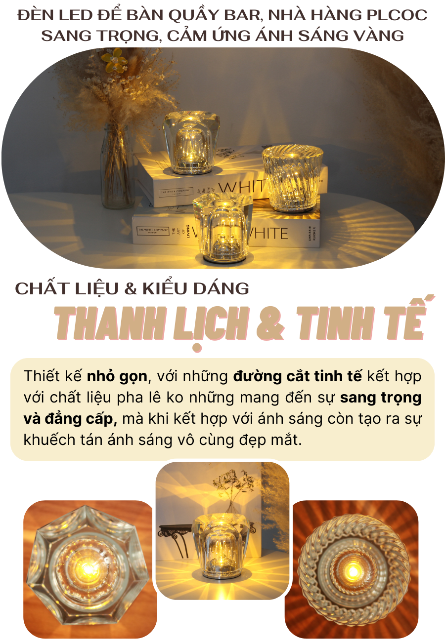 Đèn bàn LED quán bar, nhà hàng cảm ứng, pin sạc, tích điện, ánh sáng vàng điều chỉnh độ sáng mã PLCOC