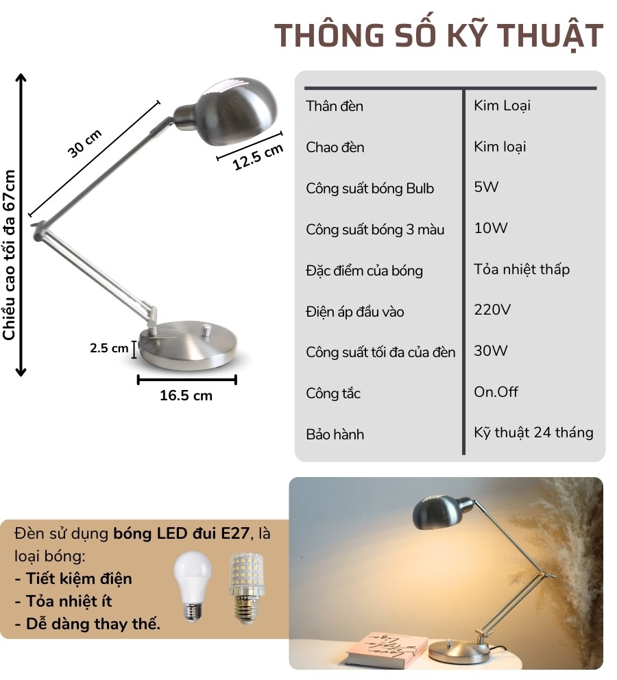 2. Thông số kĩ thuật đèn bàn học mã LVK3