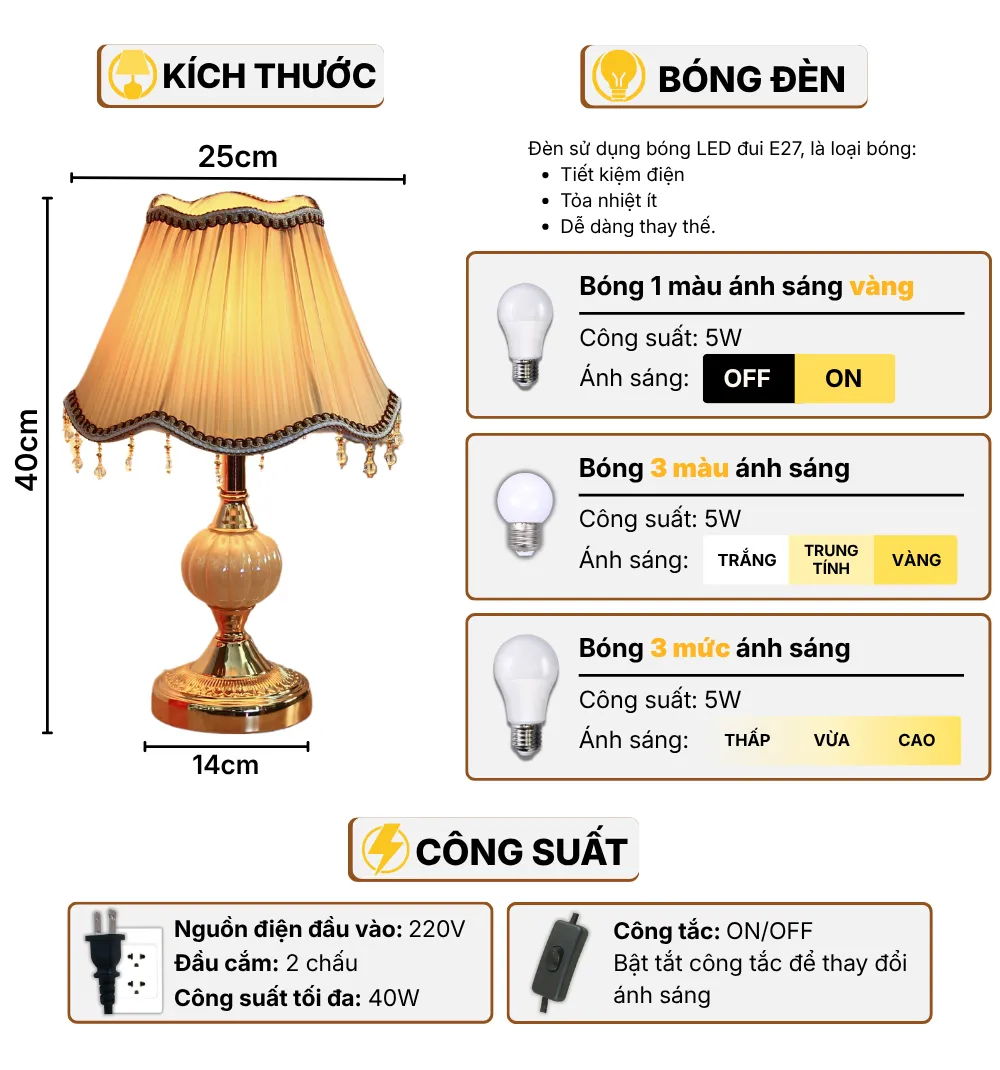 Thông Số Kĩ Thuật Đèn Ngủ Để Bàn HUTA Light For Life CD1 Điều Chỉnh Độ Sáng, Bóng Led Sáng Vàng Tiết Kiệm Điện Năng