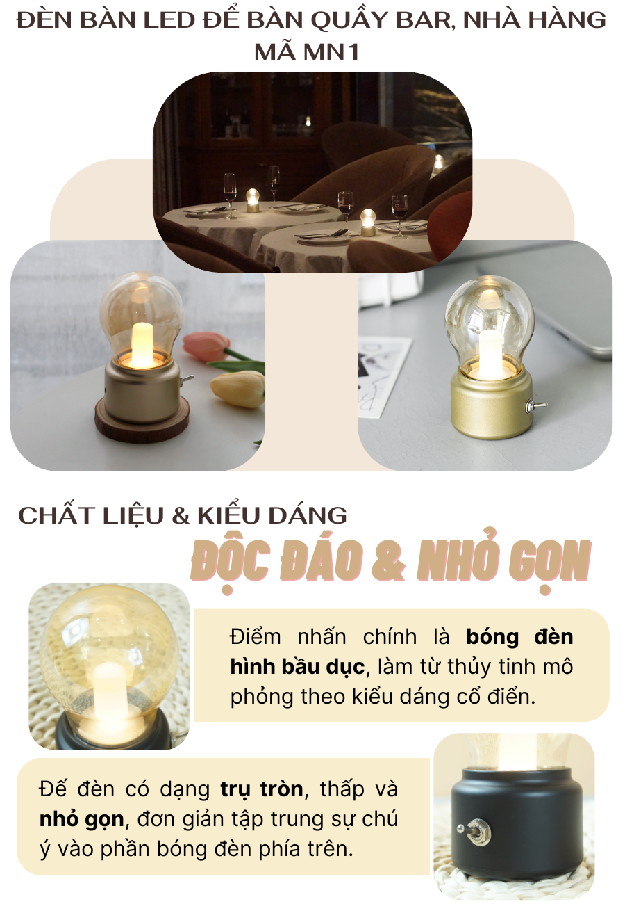Đèn bàn led quầy bar, quán bar, bàn ăn nhà hàng, quán cà phê, cảm ứng, pin sạc, tích điện, ánh sáng vàng điều chỉnh độ sáng mã MN1